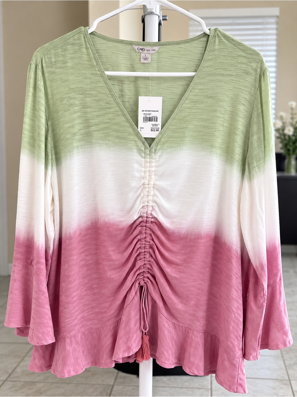 Cato Ombre V-Neck Tunic in Green, Cream & Pink